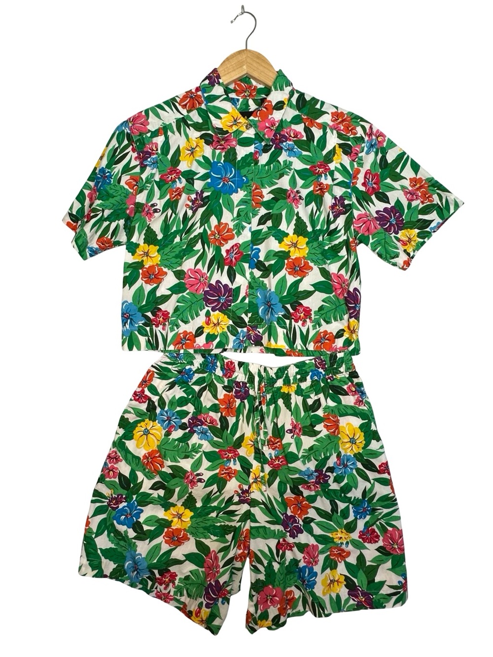 LIZ SPORT 90’s Cotton Tropical Print Board Shorts & Shirt Size S & M Petite